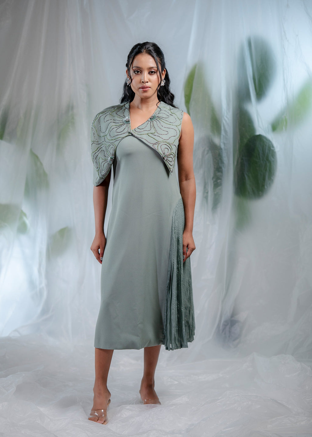 Sage Swirl Embellished Overlay Dress