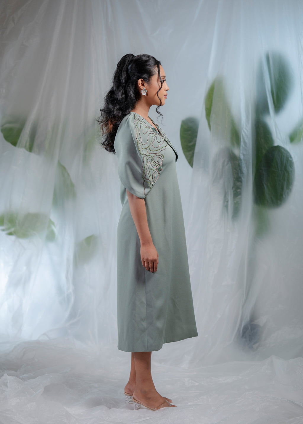 Sage Swirl Embellished Overlay Dress