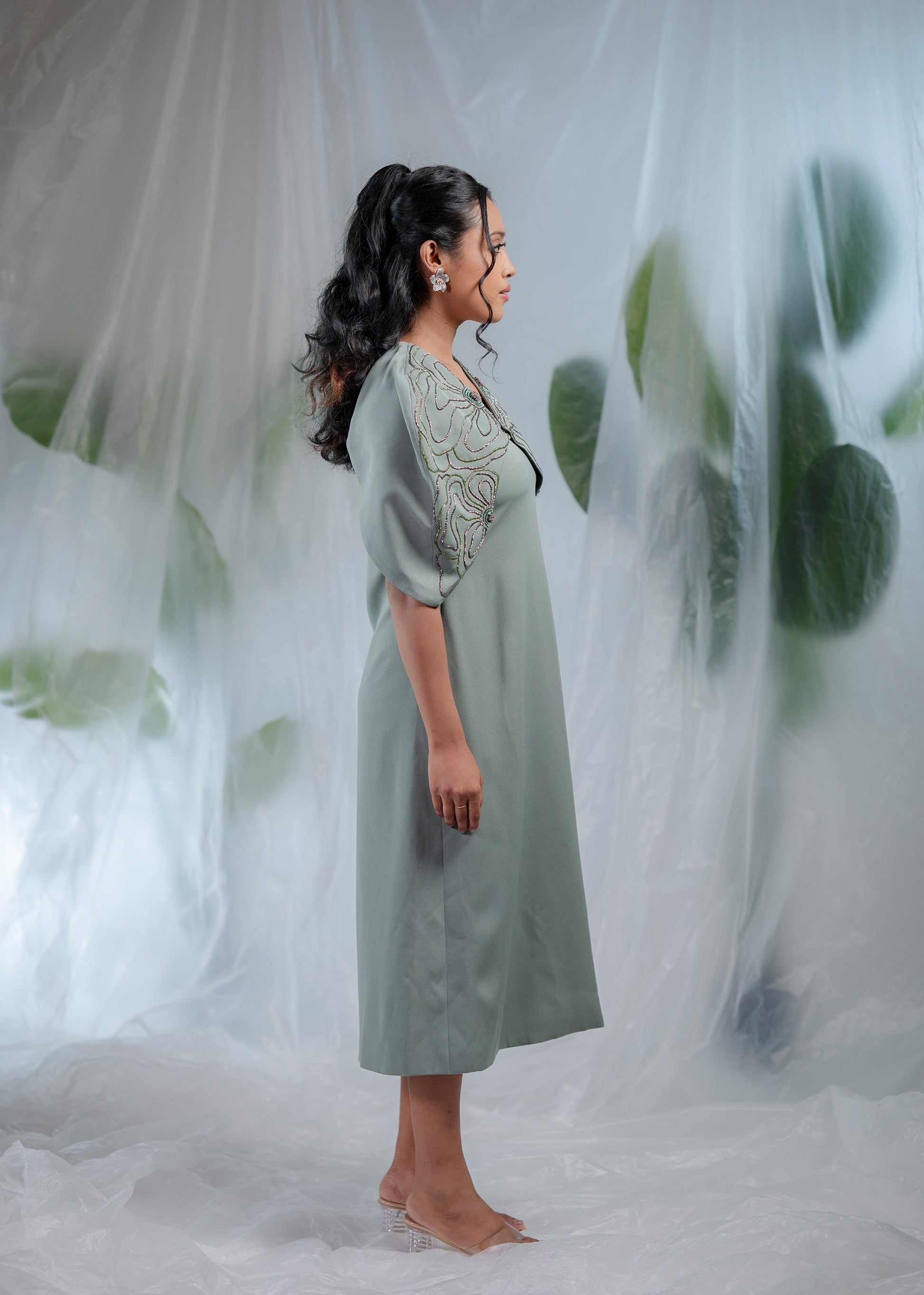 Sage Swirl Embellished Overlay Dress